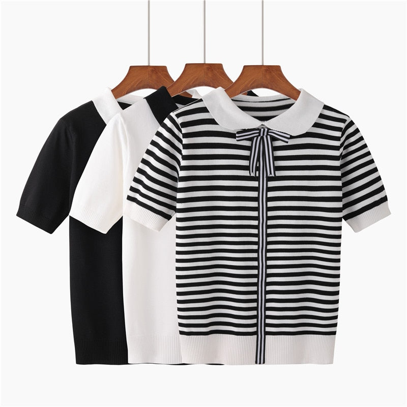 Chic Summer Stripes: Women's Knitted Tee with Bowtie DetaiHLBCBG 2019