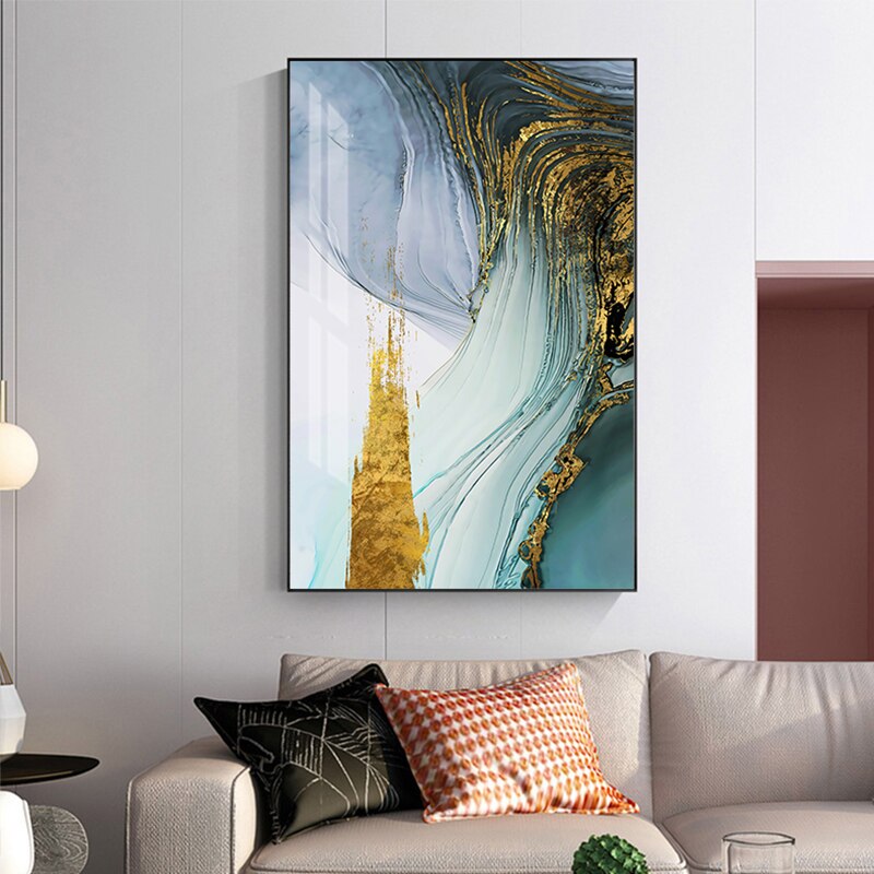 Green Gold Elegance" - Modern Abstract Canvas Art with Blue Accents