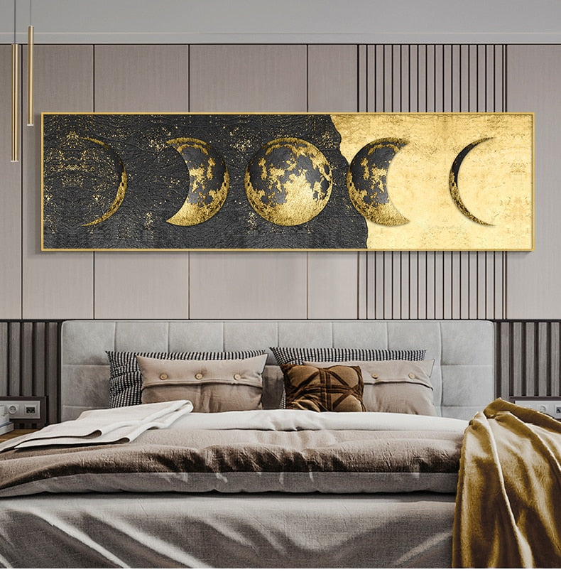 Fantastic Moon Phase Canvas Painting Golden Moon Wall Art Posters Prints Big Size Planet Solar Wall Pictures for Living Room