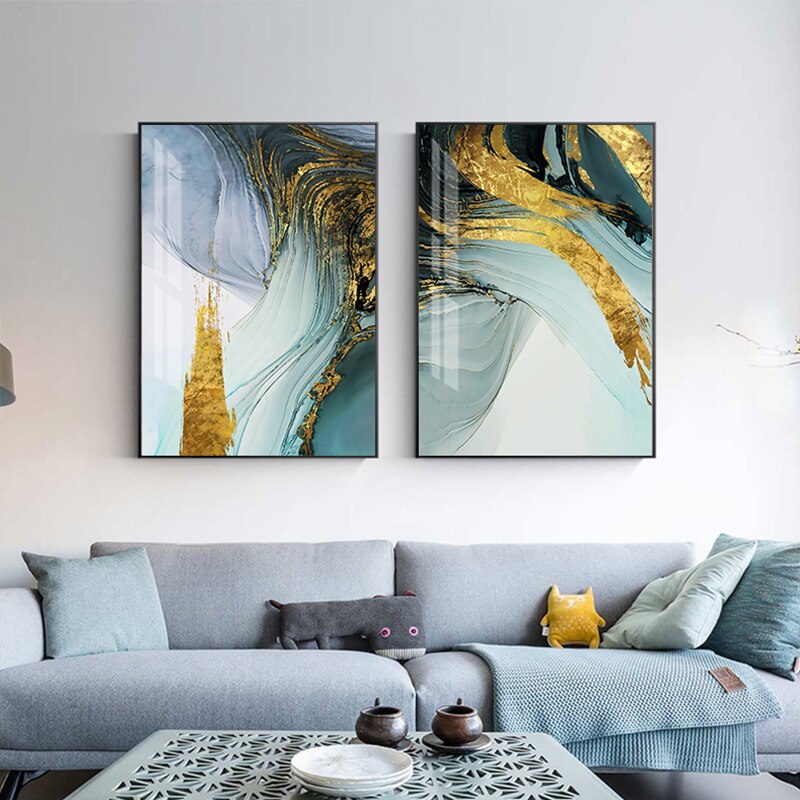 Green Gold Elegance" - Modern Abstract Canvas Art with Blue Accents