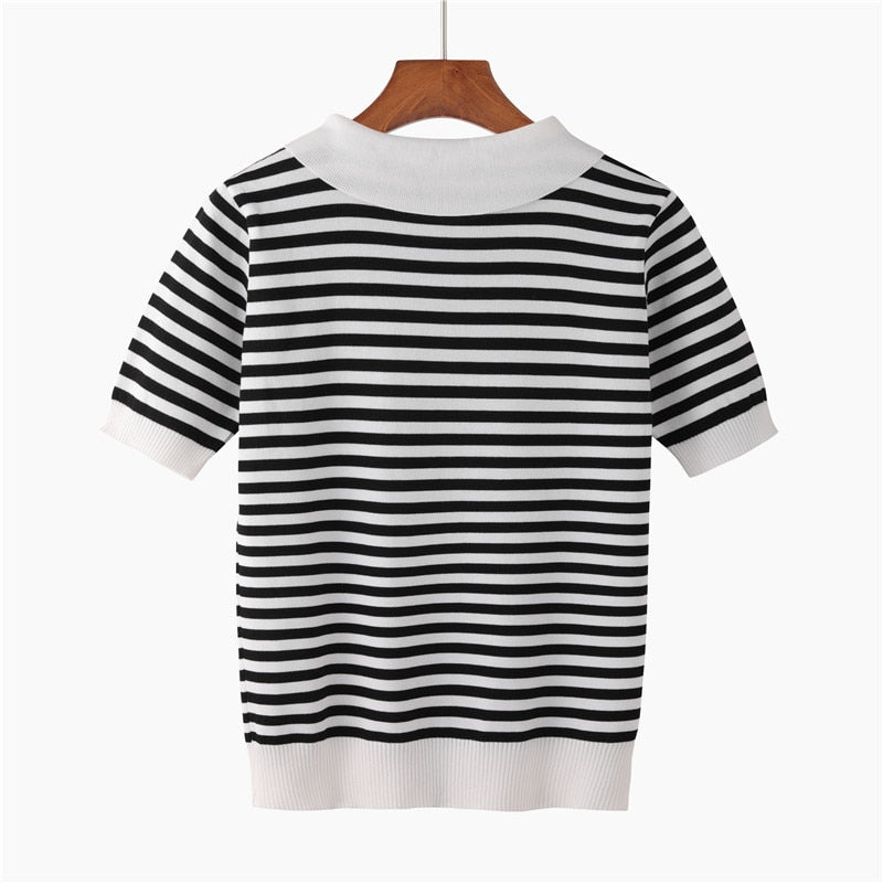 Chic Summer Stripes: Women's Knitted Tee with Bowtie DetaiHLBCBG 2019