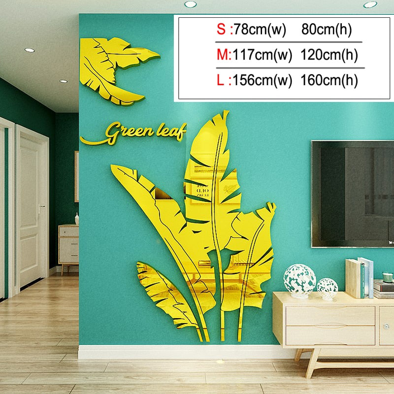 Reflective Elegance: Banana Tree Leaves Acrylic Mirror Wall Stickers - Fashionable 3D Mirror Leaves for Living Room and Home Decor