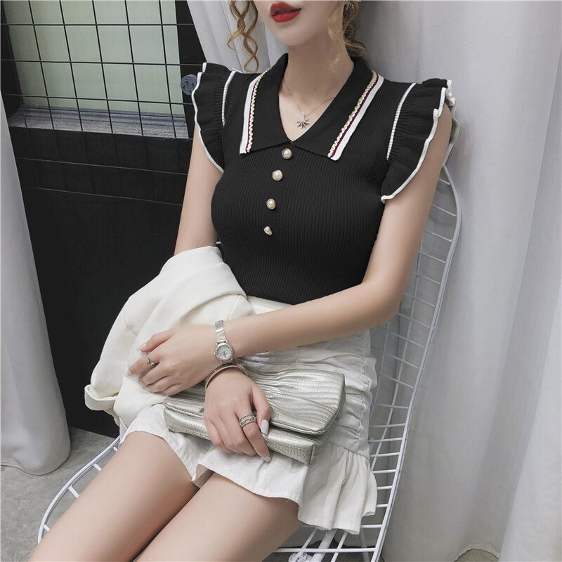 Summer Fashion Korean Slim Crop Tops Women Turn-down Collar Knitted T-shirts Sleeveless Ruffles T Shirt Female Tee Shirt Femme