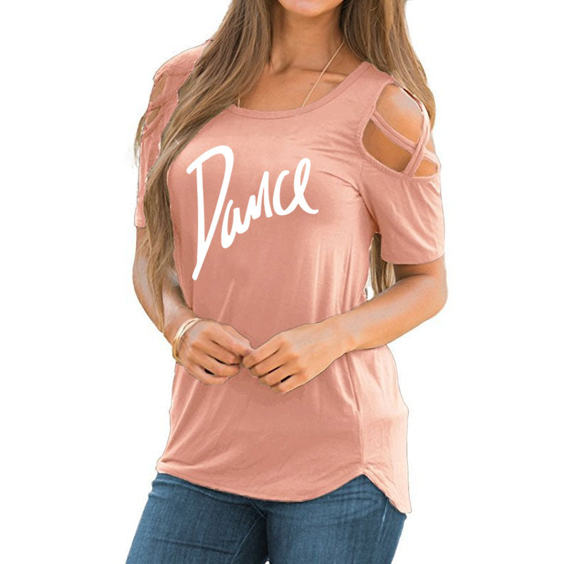 Women T-shirt 2020 New Fashion T Shirt Ladies Casual Letter Dance T-shirt Summer Casual Off Shoulder Hollow Femme Tops Tee