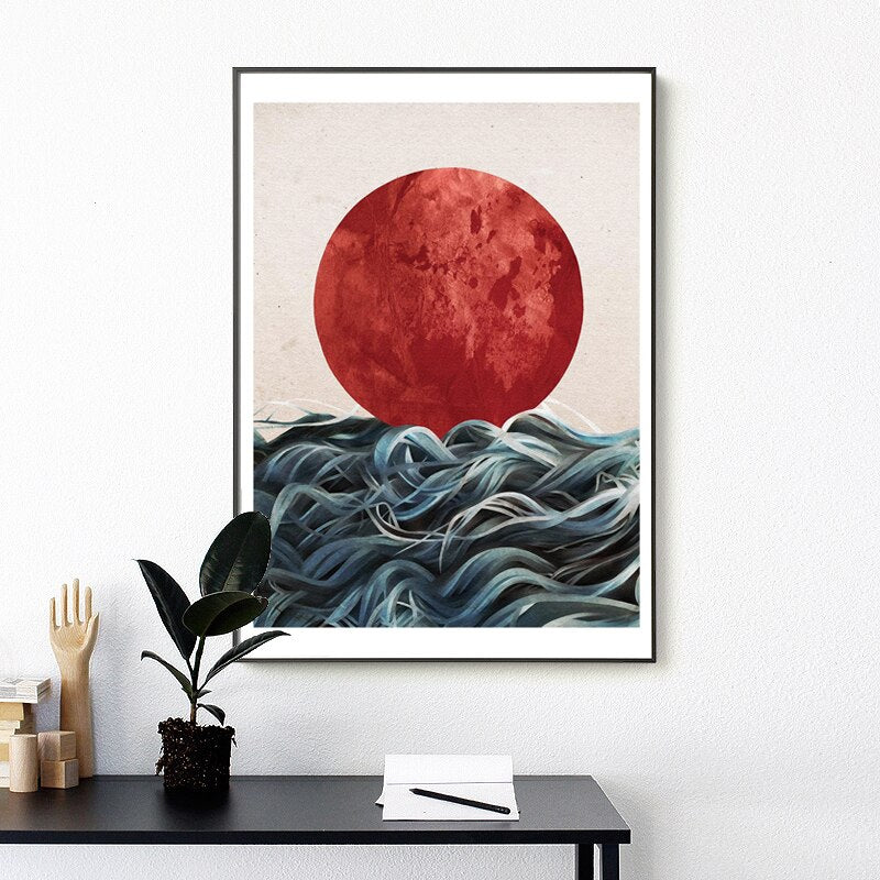 Abstract Japanese Sunrise Posters and Prints Wall Art Canvas Painting Pictures For Living Room Seascape Home Decor