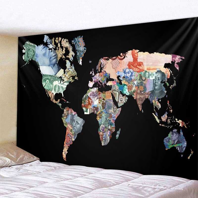 Polyester World Map Print Wall Hanging Boho Tapestry Colorful Map Mandala Wall Tapestry Beach Towel Blanket Yoga Sleeping Pad