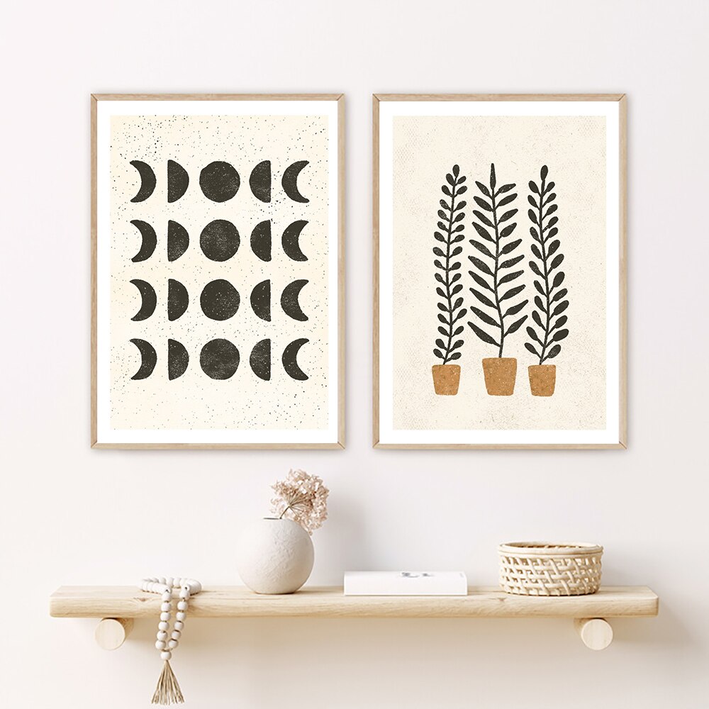 Mystic Nature: Abstract Landscape with Sun, Moon, and Ferns - Boho Canvas Prints for Living Room