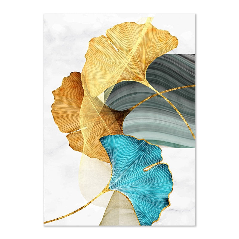 Blue Green Yellow Gold Leaf Plant Flower Canvas Poster Abstract Painting Wall Art Print Nordic Modern Pictures Living Room Decor