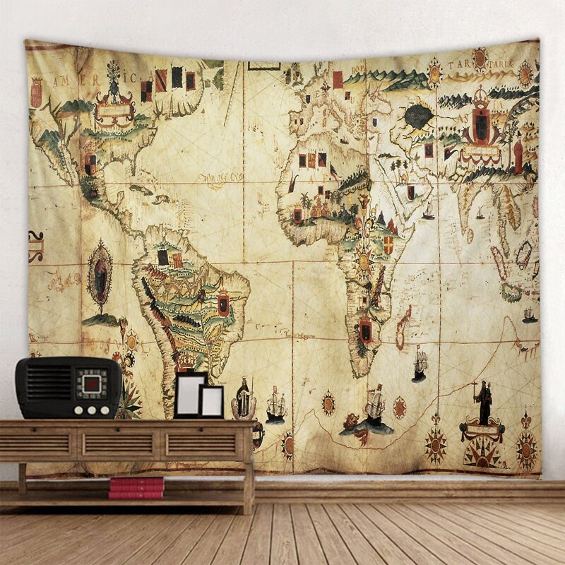 Polyester World Map Print Wall Hanging Boho Tapestry Colorful Map Mandala Wall Tapestry Beach Towel Blanket Yoga Sleeping Pad