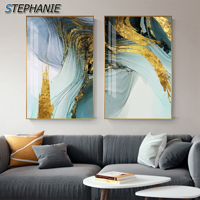 Green Gold Elegance" - Modern Abstract Canvas Art with Blue Accents