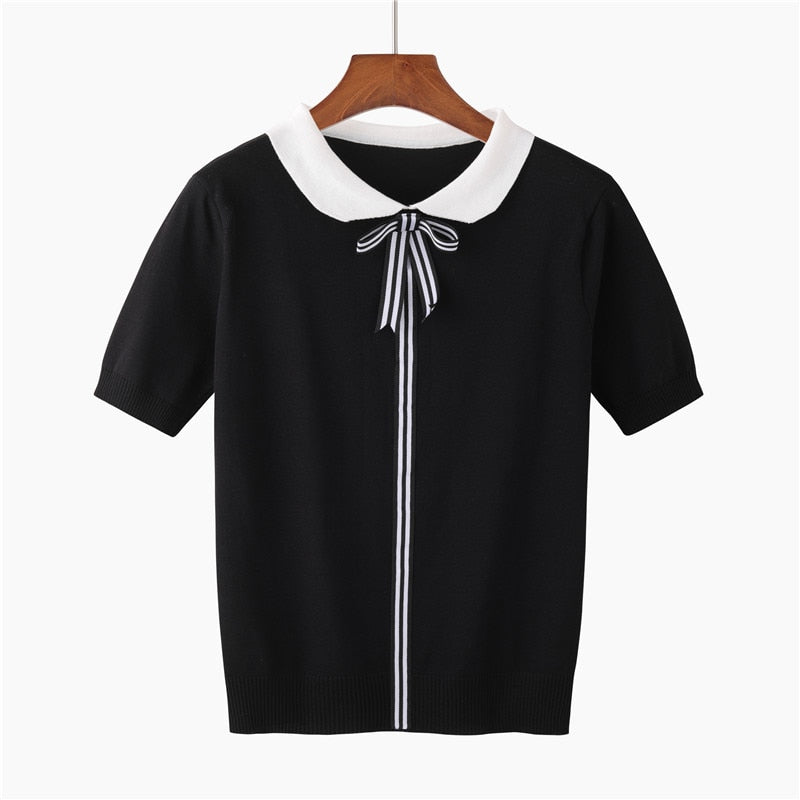 Chic Summer Stripes: Women's Knitted Tee with Bowtie DetaiHLBCBG 2019