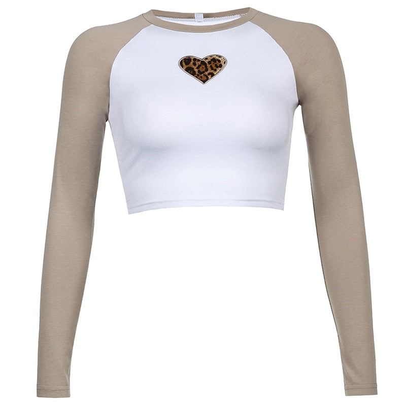 Vintage Charm: Heart Embroidery Brown Crop Tops with Leopard Patchwork