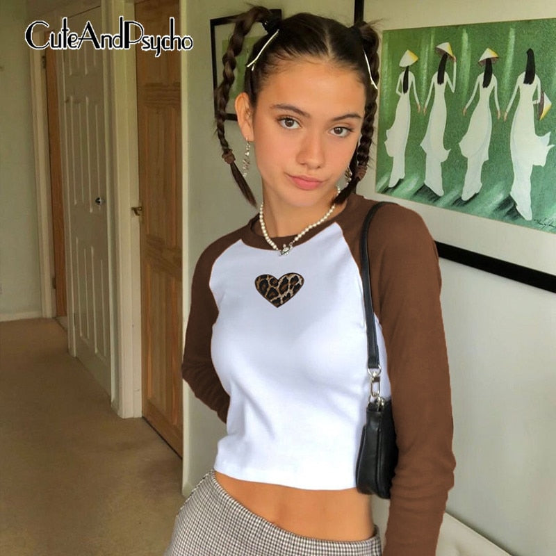 Vintage Charm: Heart Embroidery Brown Crop Tops with Leopard Patchwork