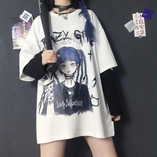 Gothic Clothes Loose T Shirts Harajuku Style Print Anime Tshirt Streetwear Female Short Sleeve Woman T-shirt E Girl Clothes