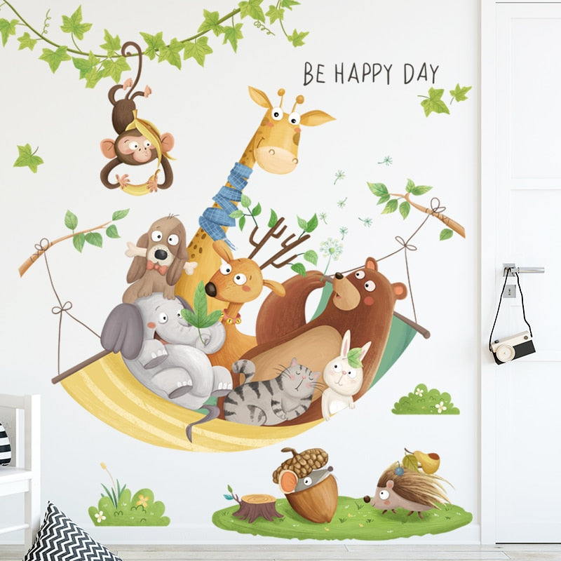 Cartoon Giraffe Wall Stickers for Kids rooms Kindergarten Wall Decor Self-adhesive Vinyl PVC Wall Decals for Nursery Home Decor