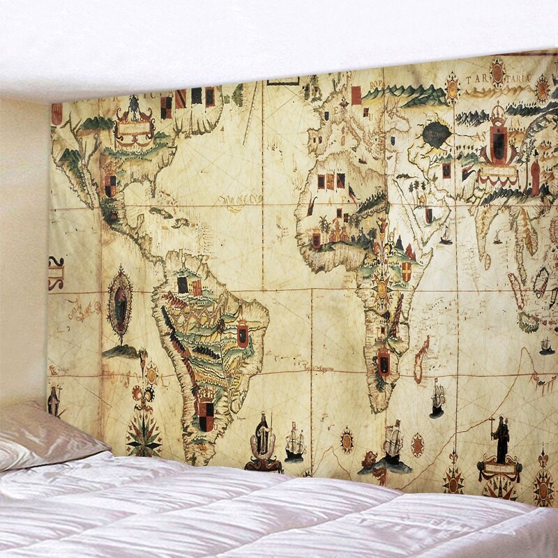 Polyester World Map Print Wall Hanging Boho Tapestry Colorful Map Mandala Wall Tapestry Beach Towel Blanket Yoga Sleeping Pad