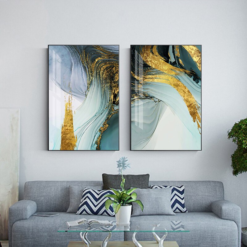 Green Gold Elegance" - Modern Abstract Canvas Art with Blue Accents