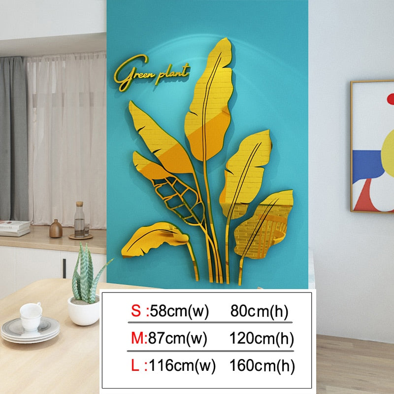 Reflective Elegance: Banana Tree Leaves Acrylic Mirror Wall Stickers - Fashionable 3D Mirror Leaves for Living Room and Home Decor