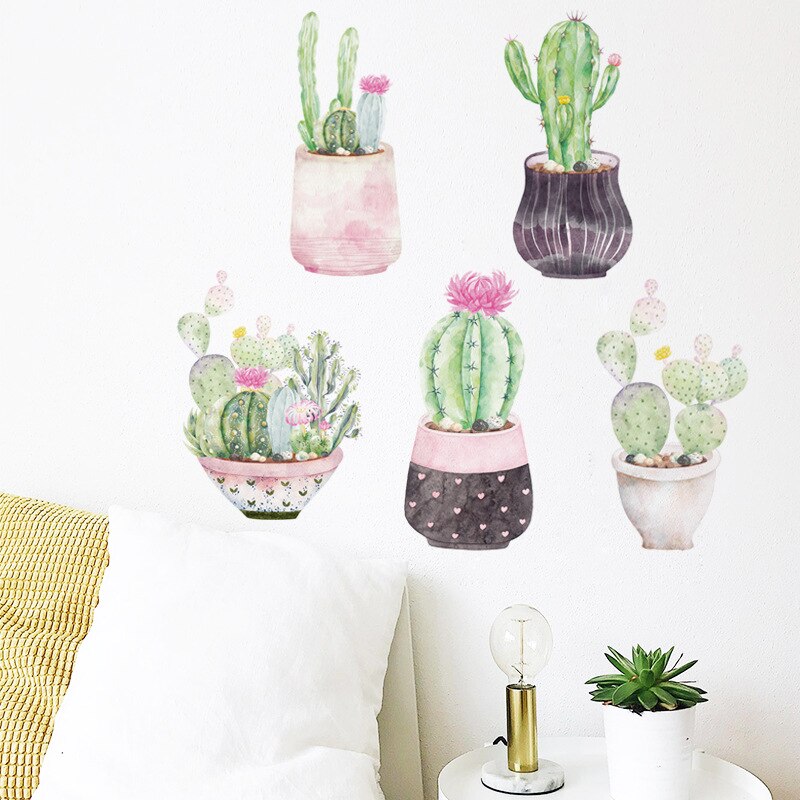 Cactus Potted 5pcs/set  Wall Decals for Bedroom Wall Decor Art Murals Home Decoration Removable DIY Wallpaper PVC Wall Stickers