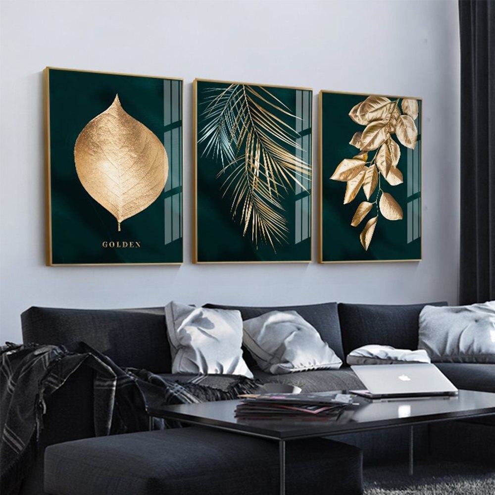 3pcs Nordic Gold and Green Leaves Wall Art Canvas Posters Prints no Frame Living Room Decoration Pictures