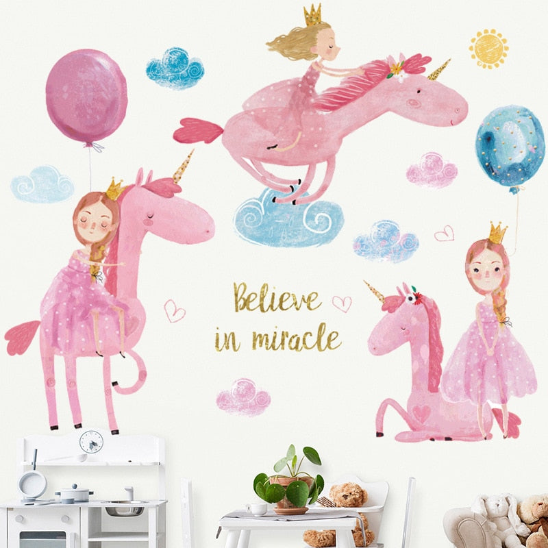 Cartoon Unicorn Princess Wall Stickers for Kids room Kindergarten Girls room Decor Eco-friendly Vinyl Wall Decals Art Home Decor