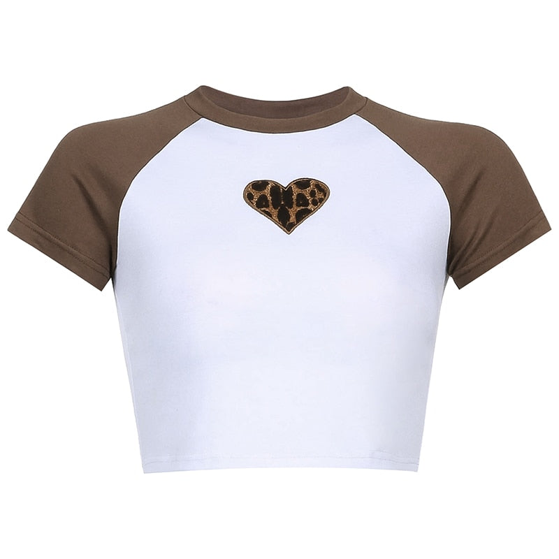 Vintage Charm: Heart Embroidery Brown Crop Tops with Leopard Patchwork