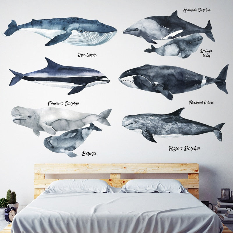 Nordic style Whale Dolphin Wall Stickers for Kids room Bedroom Game room Eco-friendly Vinyl Wall Decals Art Home Decor