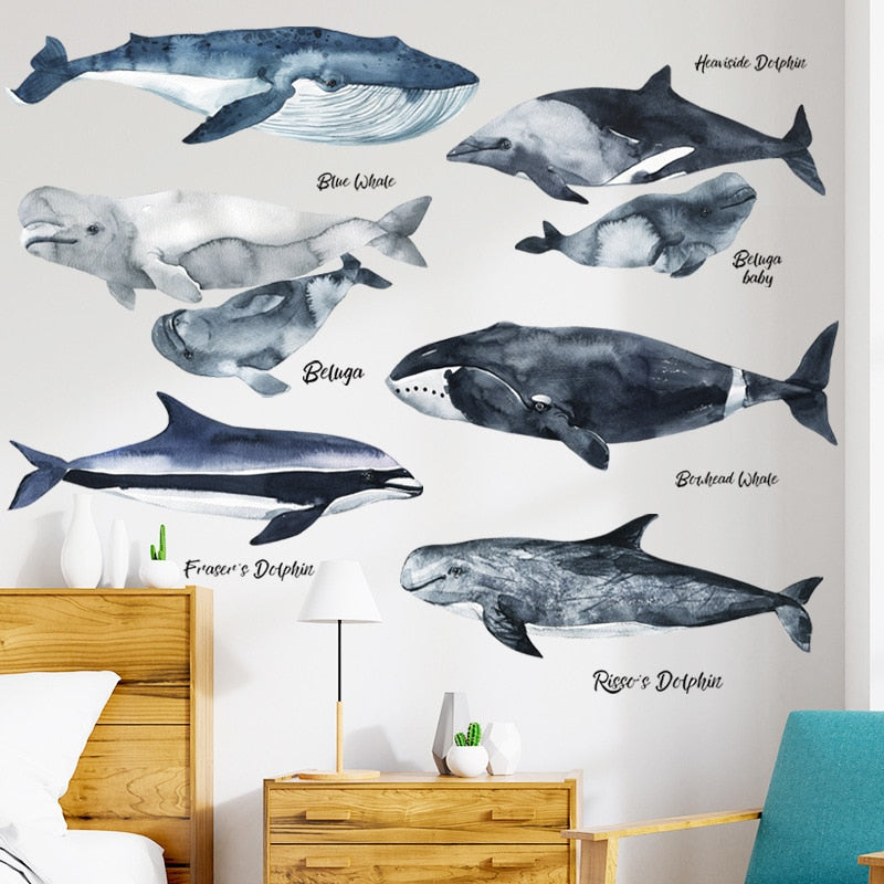 Nordic style Whale Dolphin Wall Stickers for Kids room Bedroom Game room Eco-friendly Vinyl Wall Decals Art Home Decor