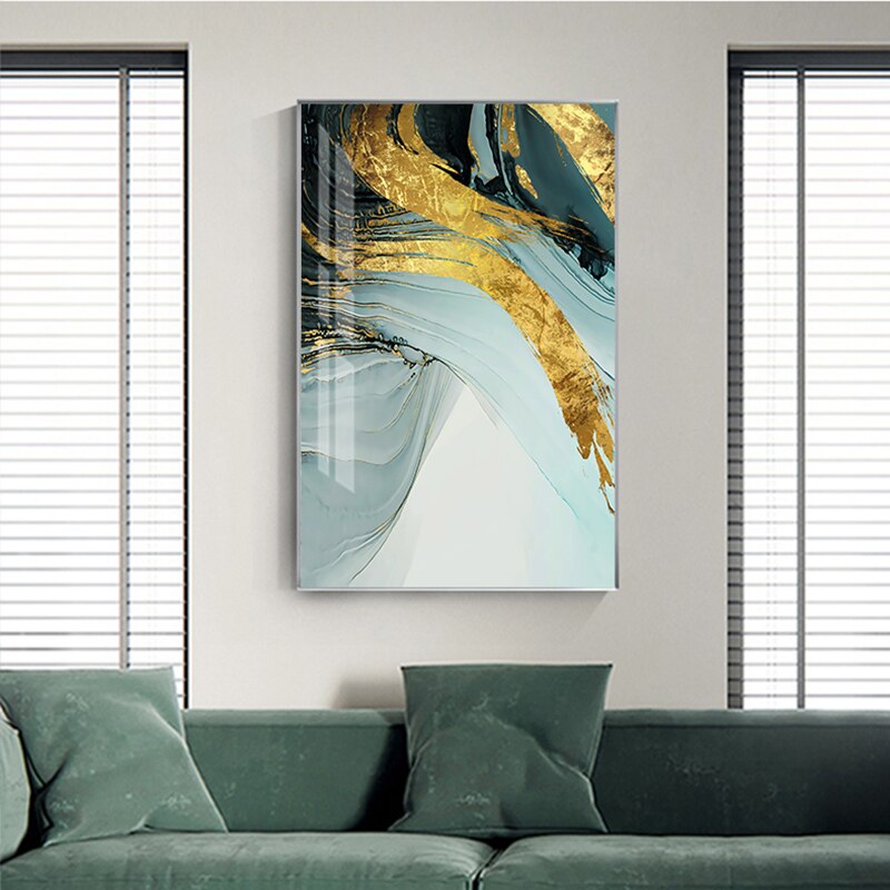 Green Gold Elegance" - Modern Abstract Canvas Art with Blue Accents