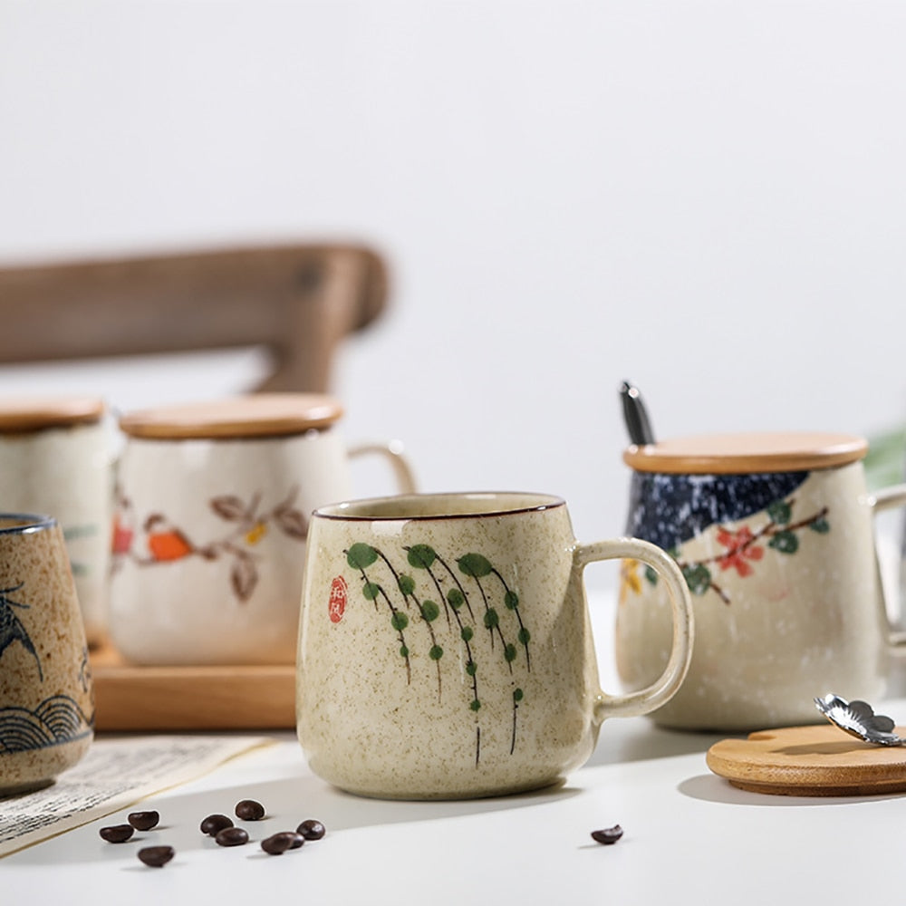 Vintage Coffee Mug Unique Japanese Retro Style Ceramic Cups, 380ml Kiln Change Clay Breakfast Cup Creative Gift for Friends