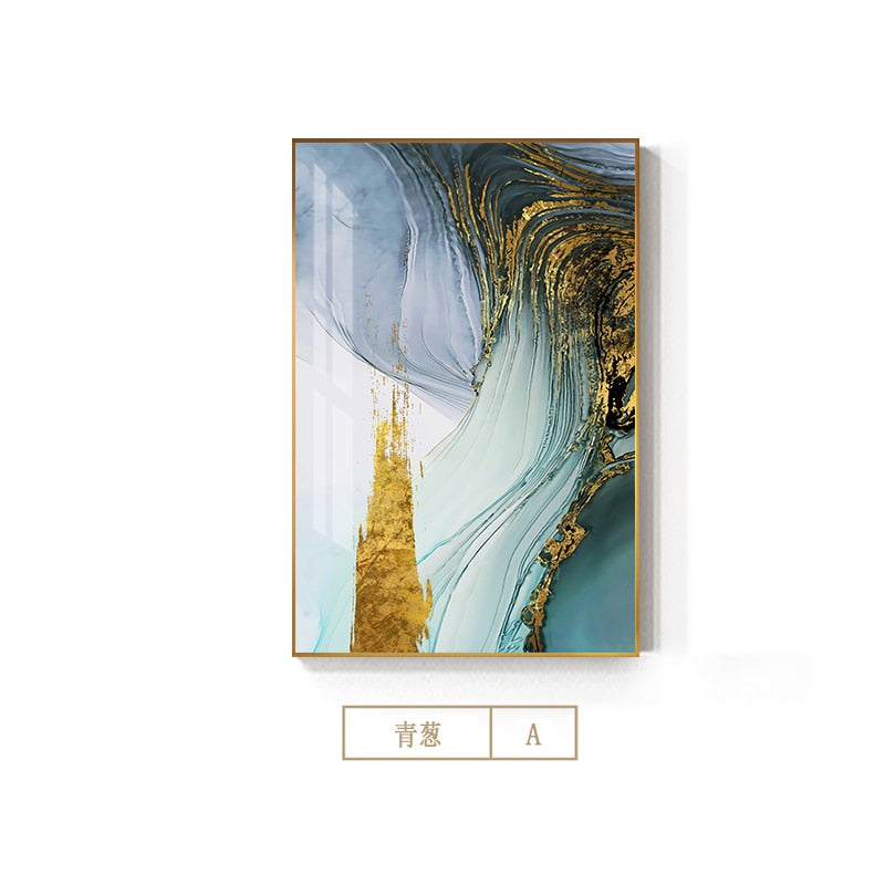 Green Gold Elegance" - Modern Abstract Canvas Art with Blue Accents