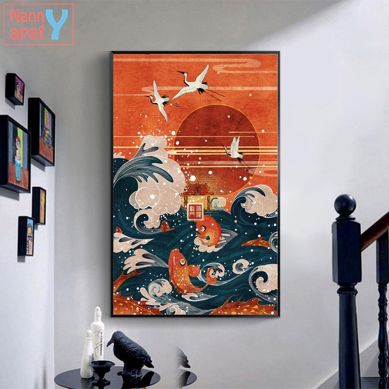 Japanese Style Landscape: Wave, Crane, and Red Sun Canvas Art