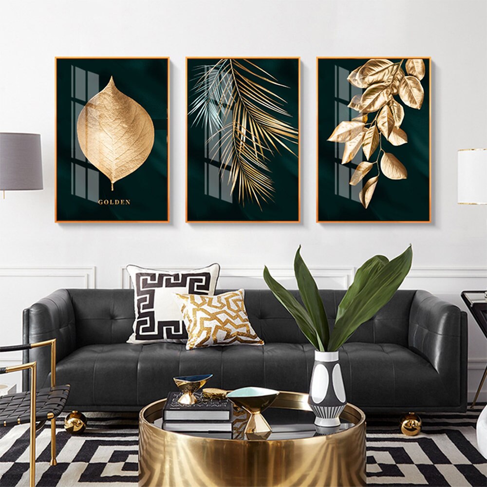 3pcs Nordic Gold and Green Leaves Wall Art Canvas Posters Prints no Frame Living Room Decoration Pictures