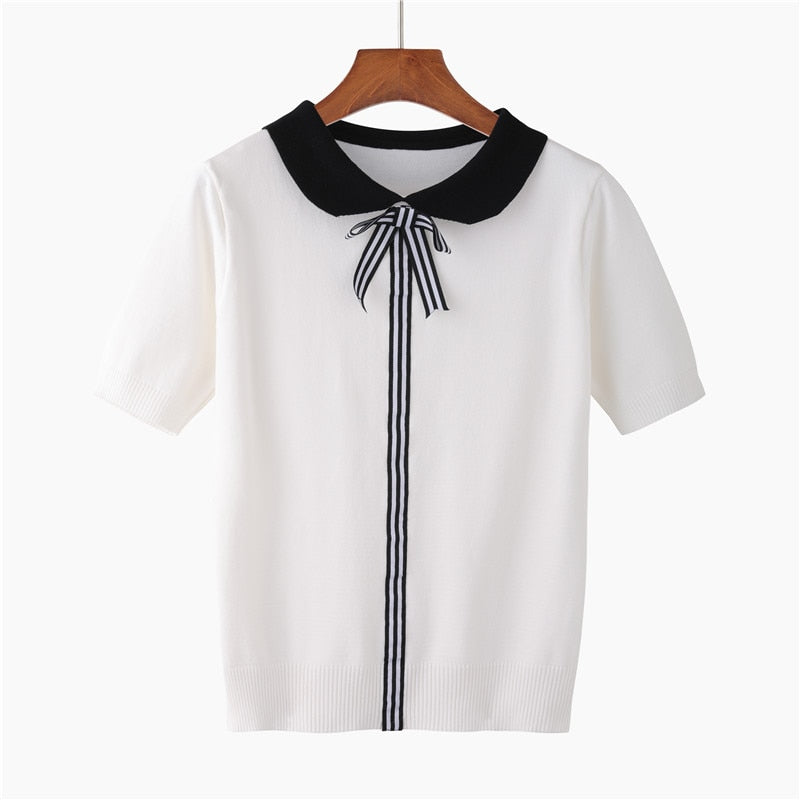 Chic Summer Stripes: Women's Knitted Tee with Bowtie DetaiHLBCBG 2019