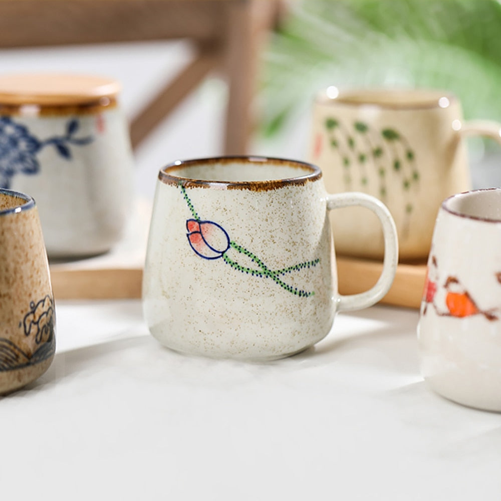 Vintage Coffee Mug Unique Japanese Retro Style Ceramic Cups, 380ml Kiln Change Clay Breakfast Cup Creative Gift for Friends