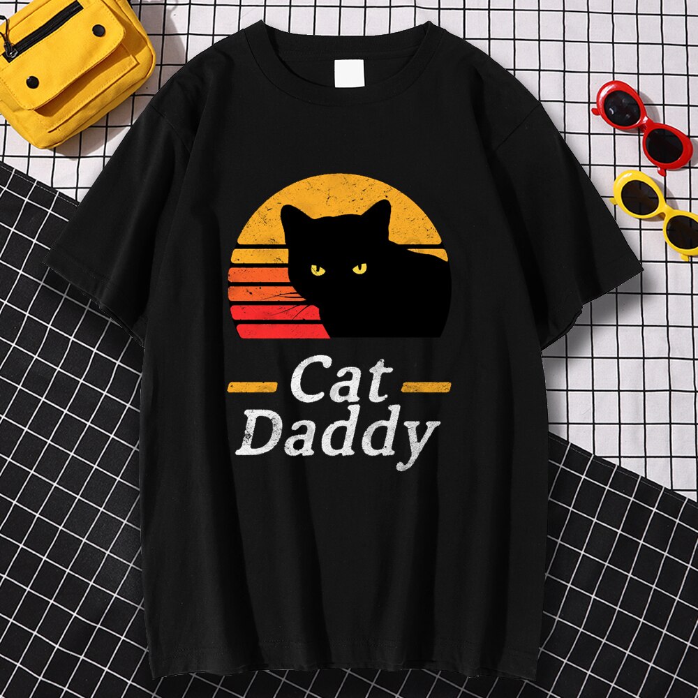 Black Cat Daddy Print Menswear Cartoon S-XXXL Tshirts Comfortable Summer Loose T Shirt Hip Hop Tee Clothes Crewneck T Shirts Men