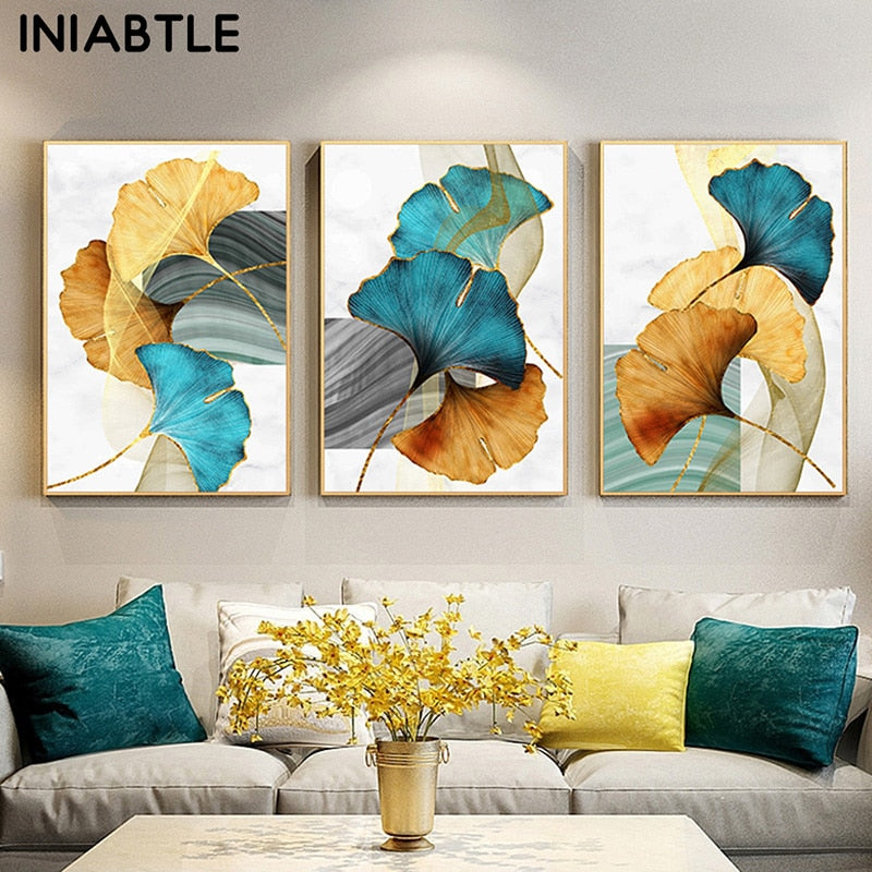 Blue Green Yellow Gold Leaf Plant Flower Canvas Poster Abstract Painting Wall Art Print Nordic Modern Pictures Living Room Decor