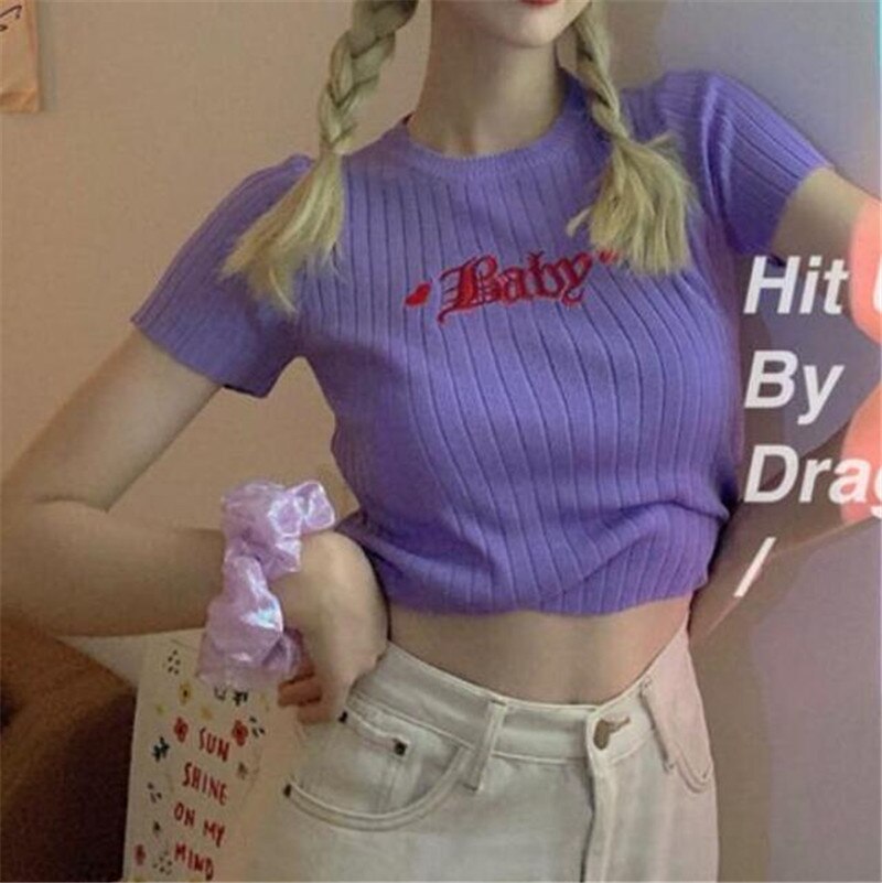 Pink T Shirt Women Harajuku Summer Stretch Knitted Short Sleeve Crop Top Tee T-shirt Femme