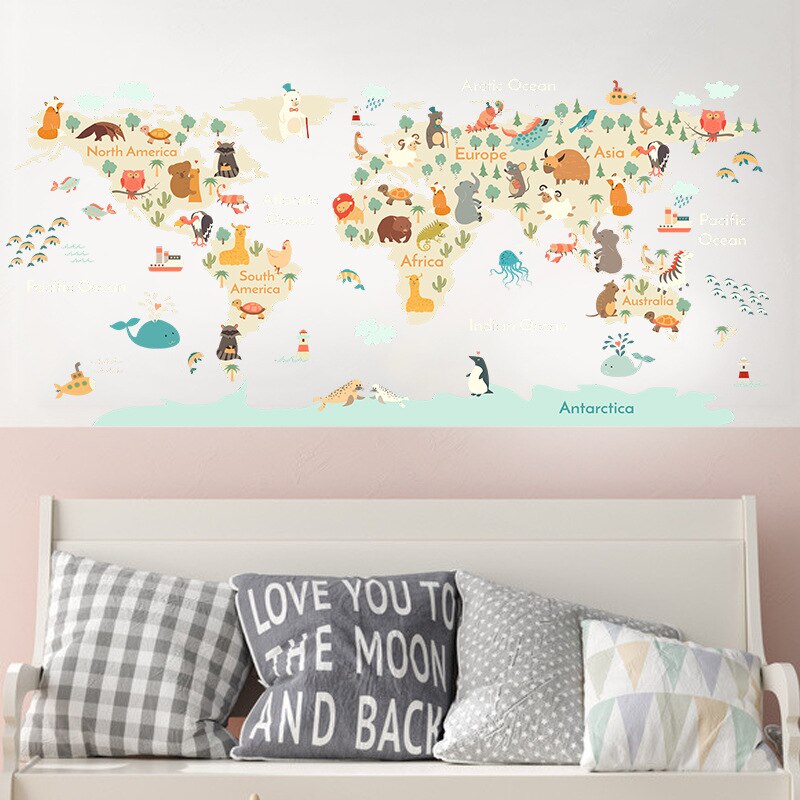 Explore the Animal Kingdom with Our Educational Animals Map Wall Stickers - Perfect for Kids' Rooms & Classrooms!