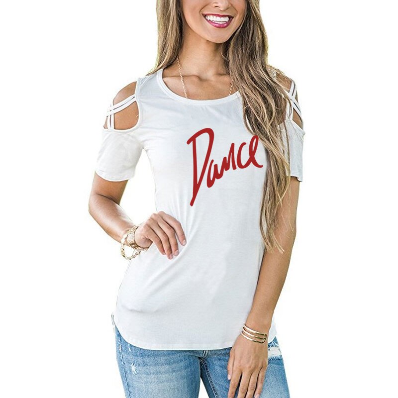 Women T-shirt 2020 New Fashion T Shirt Ladies Casual Letter Dance T-shirt Summer Casual Off Shoulder Hollow Femme Tops Tee