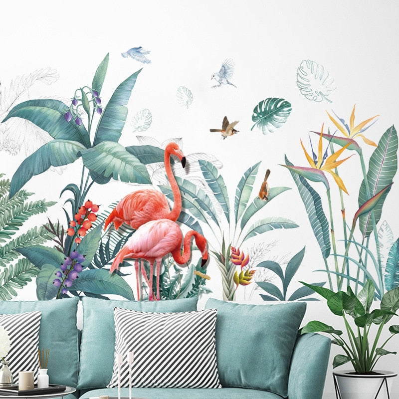 Large Flamingo Grass Wall Stickers for Living room Bedroom Baseboard Removable DIY Wall Decals Art Home Decor