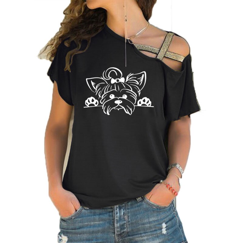 Yorkshire Terrier T Shirt Women Cotton Short Sleeve Girls Tshirt Puppy Peeking Yorkie Dog T-shirt Irregular Skew Cross Bandage T