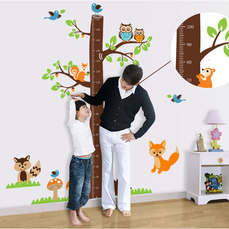 Cartoon Animals Squirrel Height Scale Tree Height Measure Wall Sticker For Kids Rooms Growth Chart Nursery Room Decor Wall Art