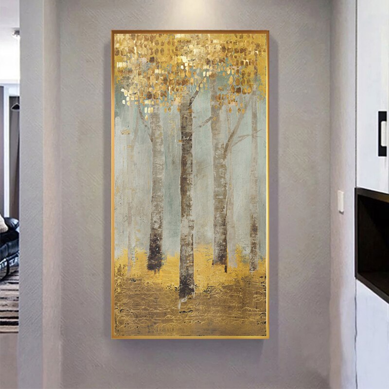 Abstract Golden Coins Forest Canvas Painting Golden Dreamscape: Abstract Forest in Gold Coin Hues