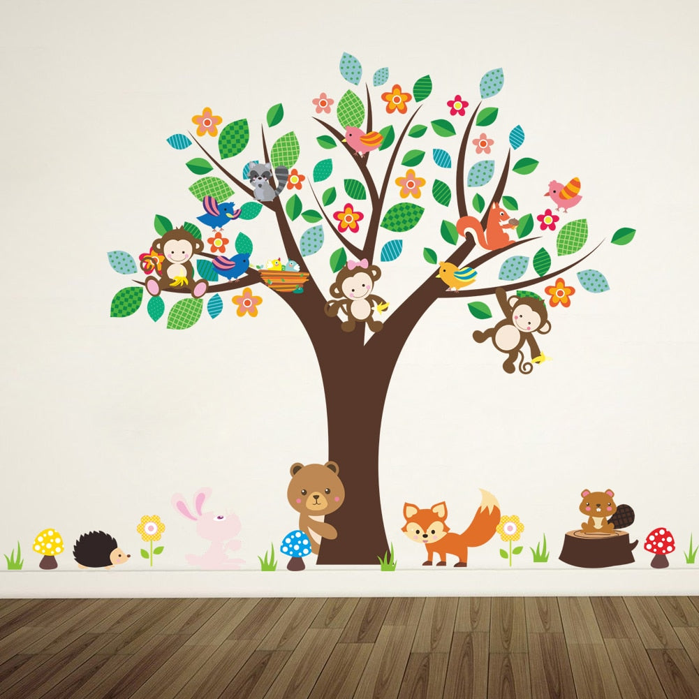 Forest animals monkey play under flower tree wall sticker for kids baby nursery children room decorations decor home decal