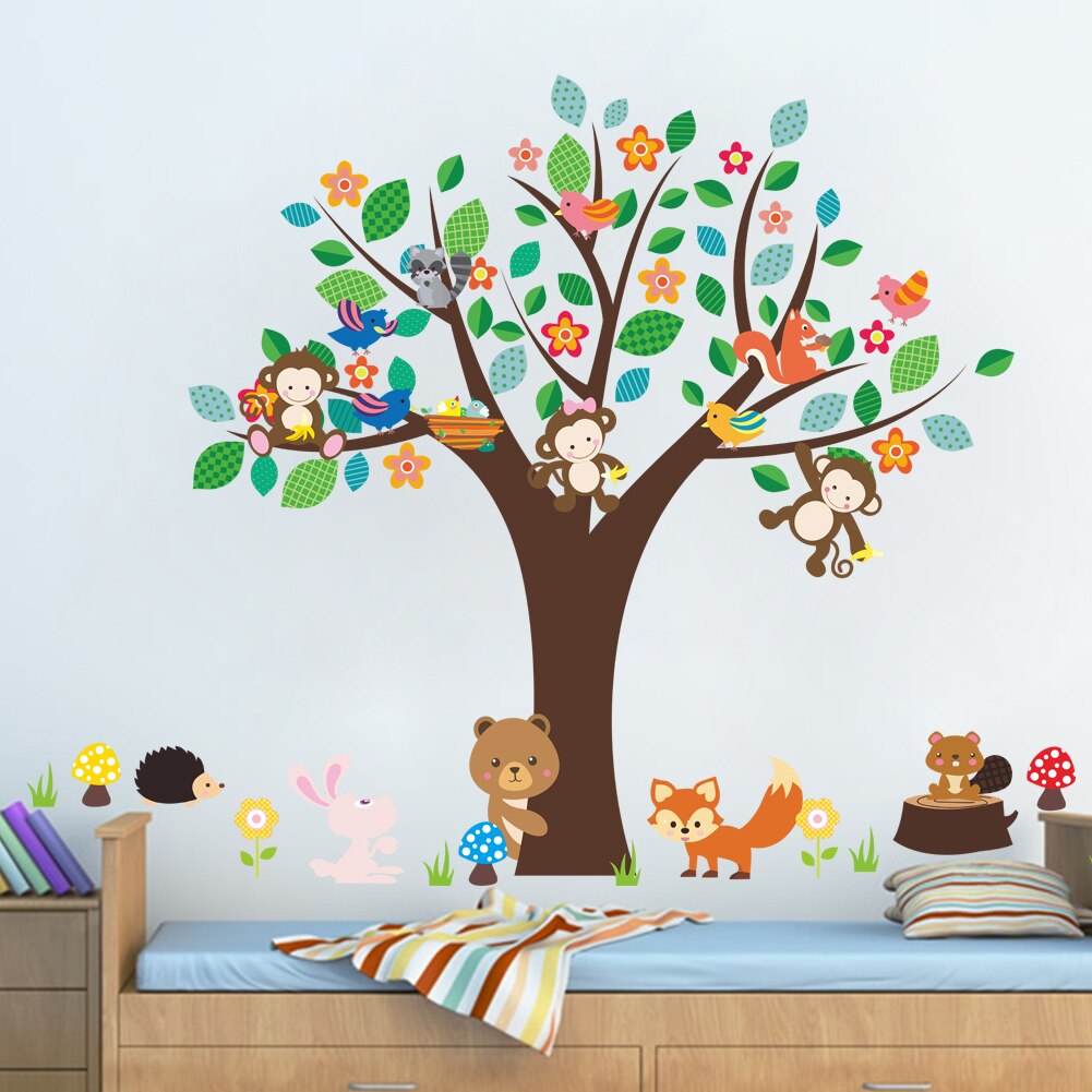 Forest animals monkey play under flower tree wall sticker for kids baby nursery children room decorations decor home decal