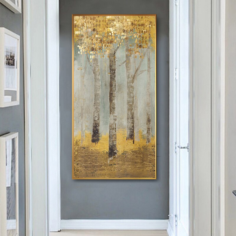 Abstract Golden Coins Forest Canvas Painting Golden Dreamscape: Abstract Forest in Gold Coin Hues