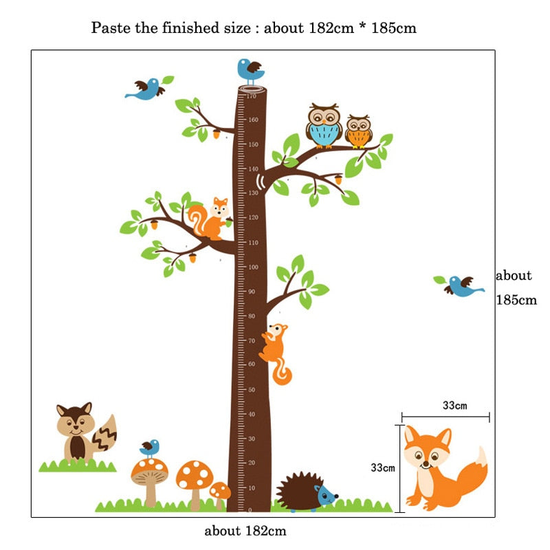 Cartoon Animals Squirrel Height Scale Tree Height Measure Wall Sticker For Kids Rooms Growth Chart Nursery Room Decor Wall Art