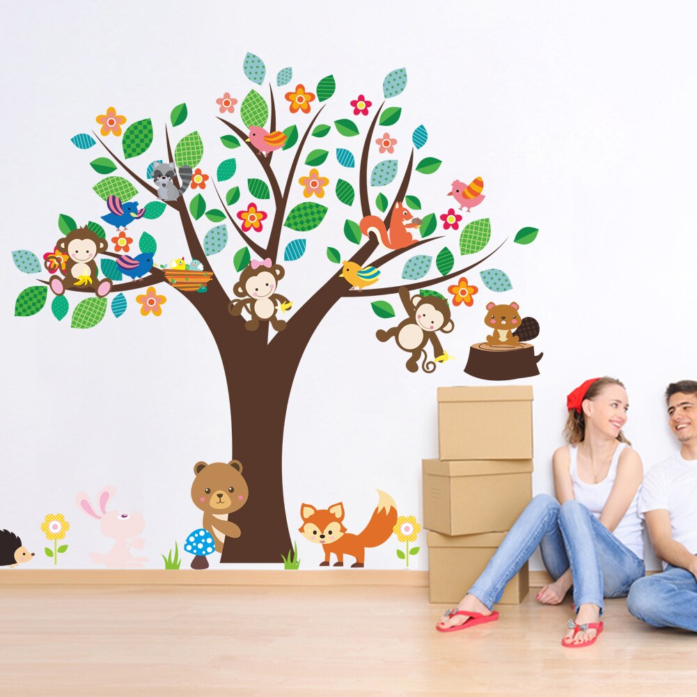 Forest animals monkey play under flower tree wall sticker for kids baby nursery children room decorations decor home decal