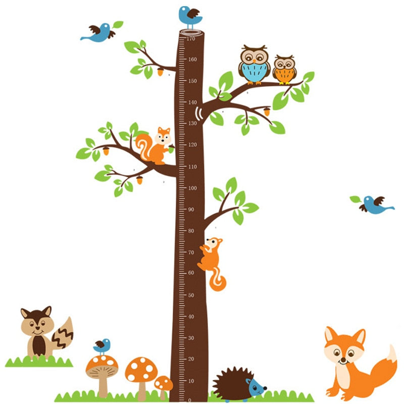 Cartoon Animals Squirrel Height Scale Tree Height Measure Wall Sticker For Kids Rooms Growth Chart Nursery Room Decor Wall Art